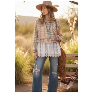 Blue Velvet Plaid Tye Dye with Lace Trim Button Up